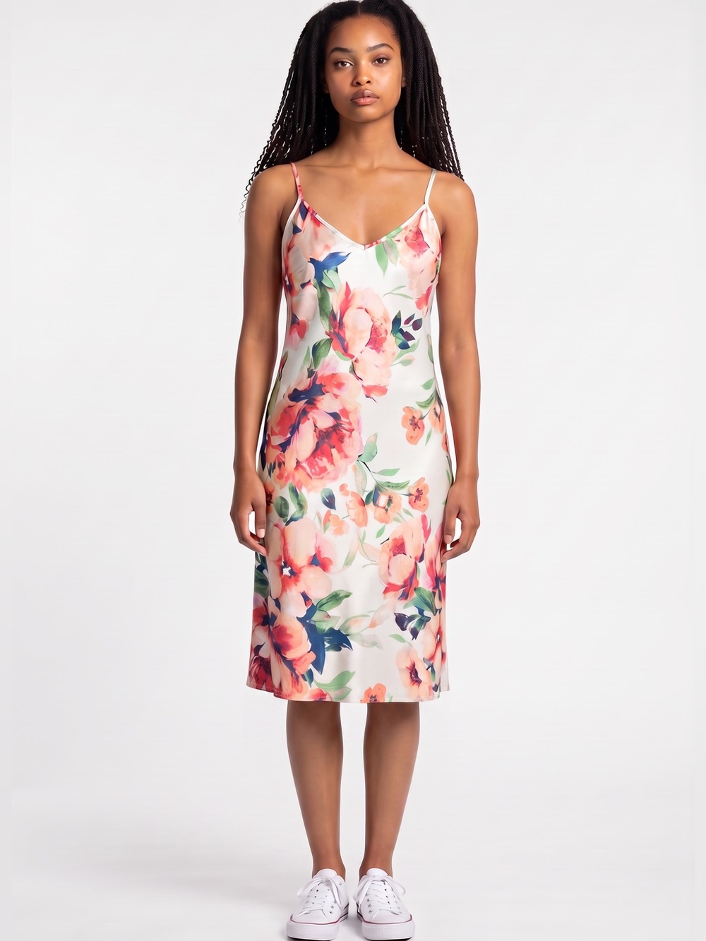 Cabernet Coral Pink & Green Floral Midi Dress